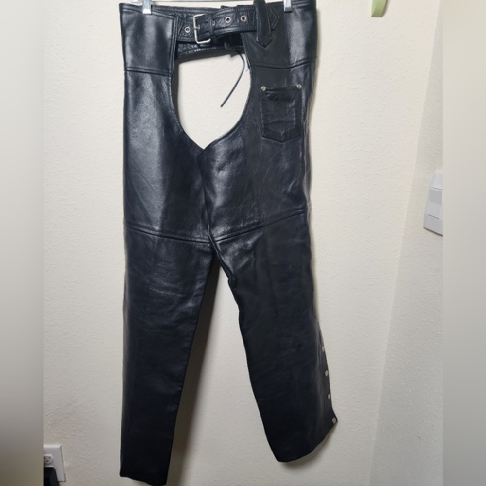 Crescent Bikers Black Leather‎ Riding Motorcycle Chaps Size Medium Belt Lace Up